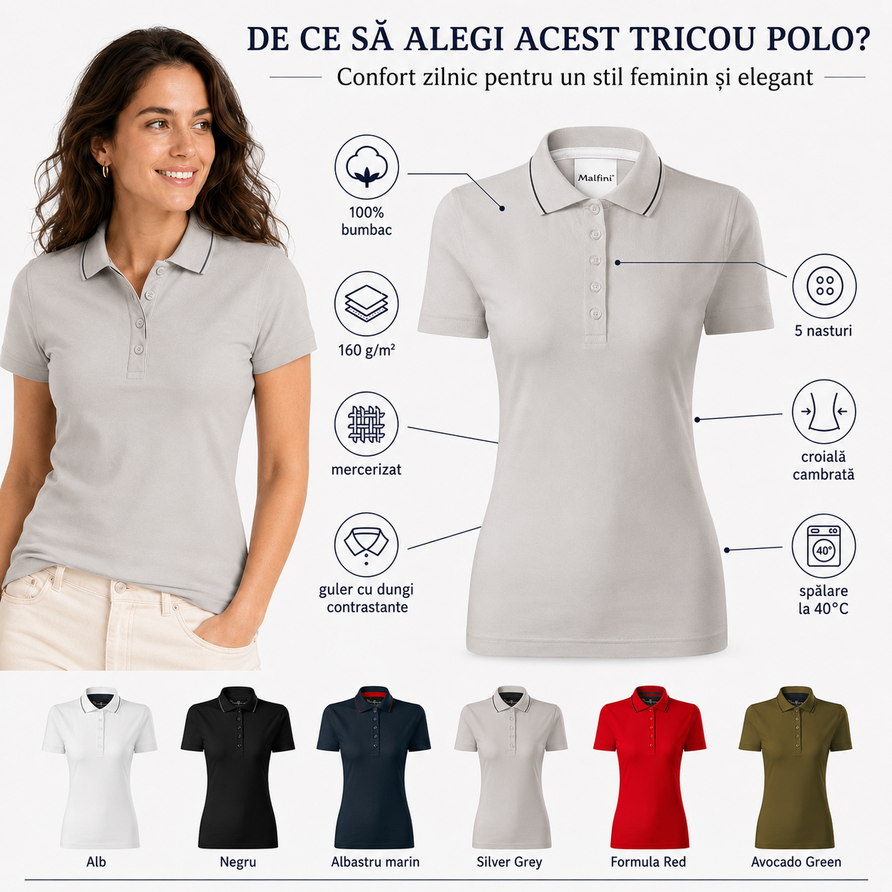 Tricou polo damă Malfini Premium 269 Grand 100% bumbac mercerizat croială cambrată